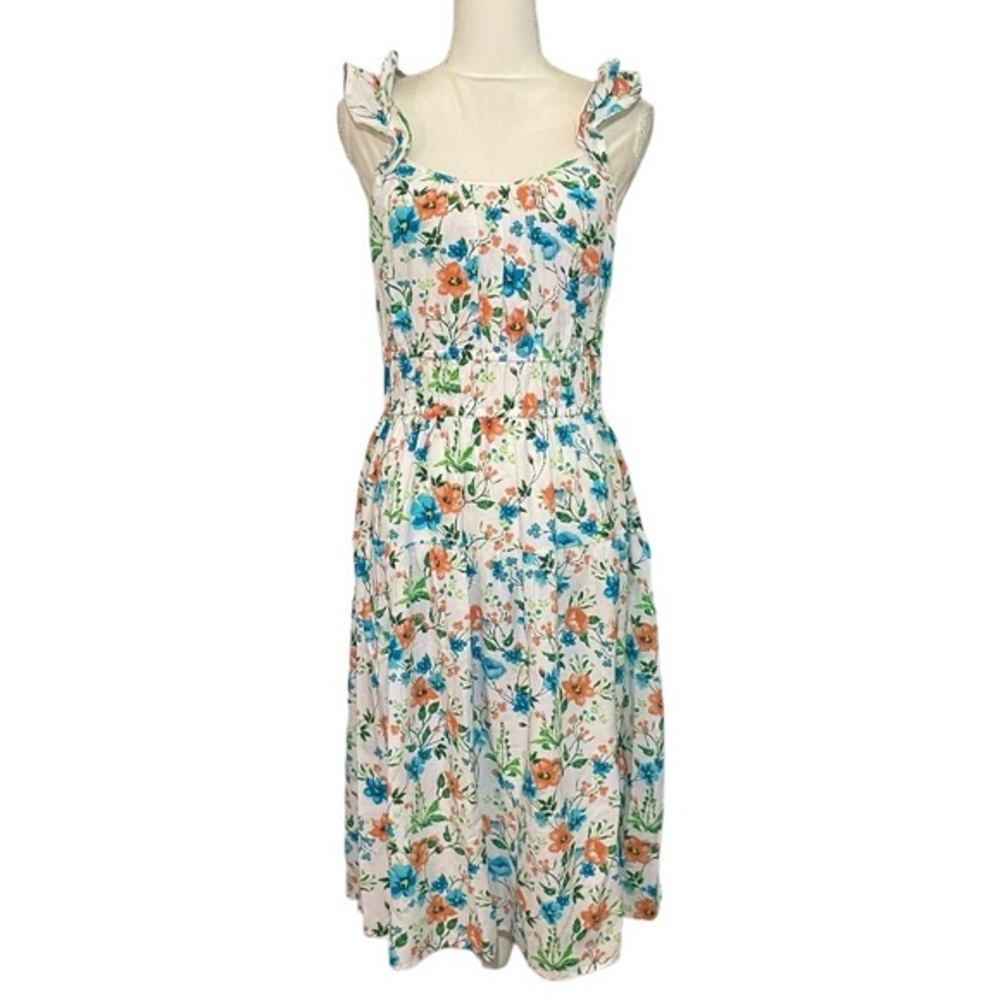 CLEARANCE NWOT Peyton & Parker Linen Dress Blue Orange Floral Midi New Ruffle